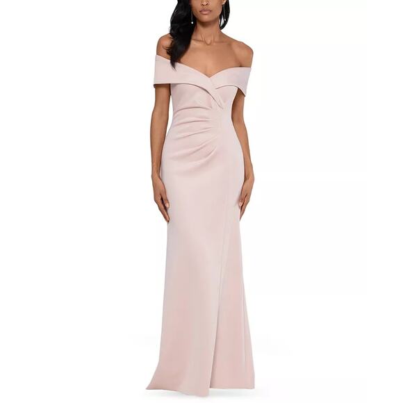 XSCAPE Women's Blush Pink Off-The-Shoulder Sweetheart Neck Ruched Gown SZ 6 - Picture 13 of 14
